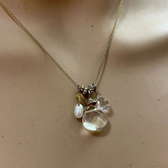 Handmade Teardrop Quartz Necklace Gold Tone Chain Cultured Pearl Rhinestone 20in - Picture 9 of 13